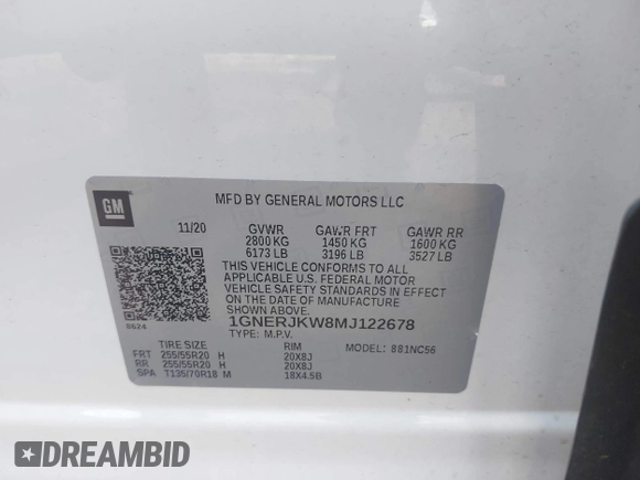 2021 Chevrolet Traverse RS with VIN 1GNERJKW8MJ122678, listed as a IAAI auction lot 42493317 with 56,521 mi miles and . Bid and sale history available at DreamBid. Image 9.