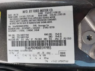 2019 Ford Fusion Titanium with VIN 3FA6P0D90KR109985, listed as a IAAI auction lot 41993329 with Not provided miles and . Bid and sale history available at DreamBid. Image 9.