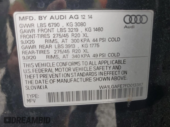 2015 Audi Q7 Premium Plus with VIN WA1LGAFE7FD013387, listed as a Copart auction lot 57763295 with 122,412 mi miles and Salvage title. Bid and sale history available at DreamBid. Image 14.