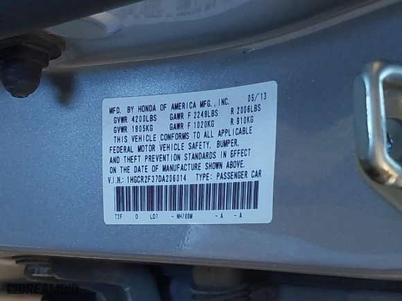 2013 Honda Accord Sdn LX with VIN 1HGCR2F37DA206014, listed as a IAAI auction lot 41871803 with 102,015 mi miles. Bid and sale history available at carsss.com. Image 9.