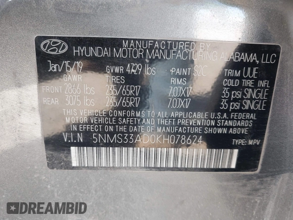 2019 Hyundai Santa Fe SEL with VIN 5NMS33AD0KH078624, listed as a IAAI auction lot 41747977 with 98,507 mi miles. Bid and sale history available at carsss.com. Image 9.