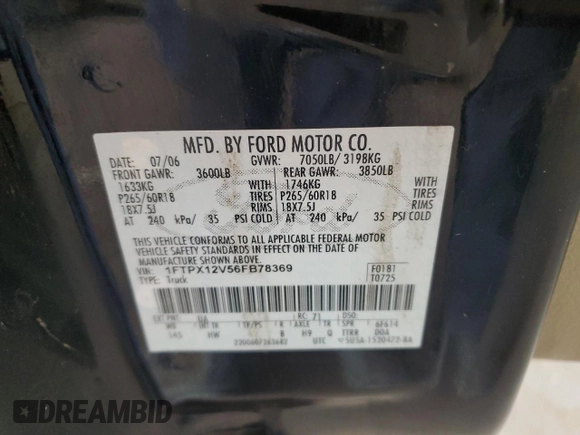 2006 Ford F-150 XL with VIN 1FTPX12V56FB78369, listed as a Copart auction lot 56355365 with 224,479 mi miles and Salvage title. Bid and sale history available at DreamBid. Image 12.