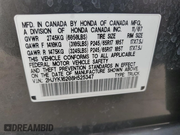2008 Honda Ridgeline RT with VIN 2HJYK16208H525347, listed as a Copart auction lot 53288325 with 191,325 mi miles and Salvage title. Bid and sale history available at DreamBid. Image 15.
