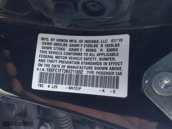 2019 Honda Civic Sedan EX-L with VIN 19XFC1F73KE211652, listed as a IAAI auction lot 41816810 with 74,353 mi miles. Bid and sale history available at carsss.com. Image 9.