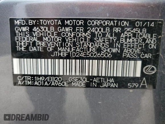 2014 Lexus IS 250 с VIN JTHBF1D24E5026506, выставлен на аукционе Copart как лот 54759005 с пробегом 203 614 миль миль и Списание • Salvage title. История ставок и продаж доступна на DreamBid. Изображение 12.