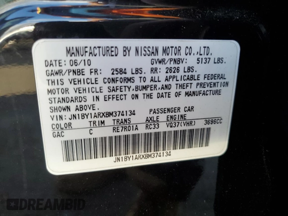 2011 Infiniti M37 with VIN JN1BY1ARXBM374134, listed as a Copart auction lot 76784864 with 0 mi miles and Salvage Title. Bid and sale history available at carsss.com. Image 12.