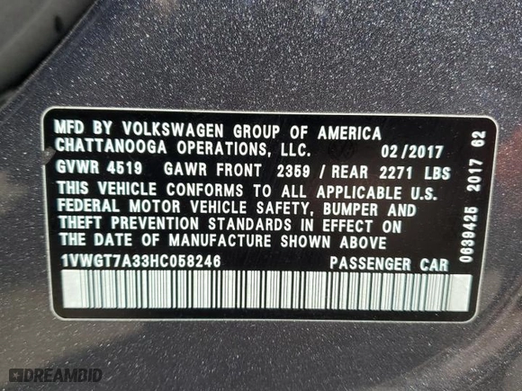 2017 Volkswagen Passat 1.8T SE w/Technology with VIN 1VWGT7A33HC058246, listed as a Copart auction lot 47828035 with 144,344 mi miles and Salvage Title. Bid and sale history available at carsss.com. Image 14.