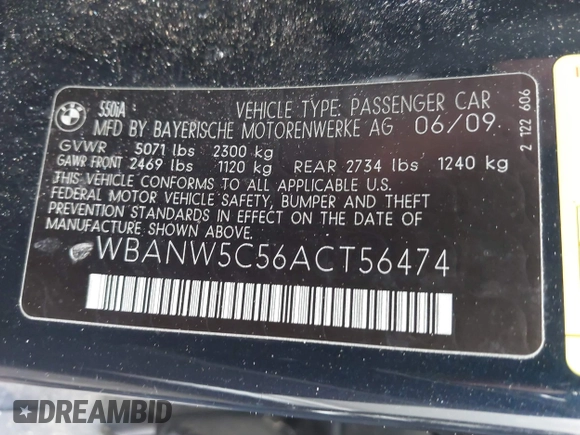 2010 BMW 5 Series 550i with VIN WBANW5C56ACT56474, listed as a IAAI auction lot 41878874 with Not Provided miles and . Bid and sale history available at DreamBid. Image 9.