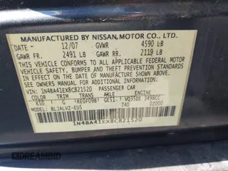 2008 Nissan Maxima SE with VIN 1N4BA41EX8C821520, listed as a IAAI auction lot 42395712 with 99,785 mi miles and . Bid and sale history available at DreamBid. Image 9.