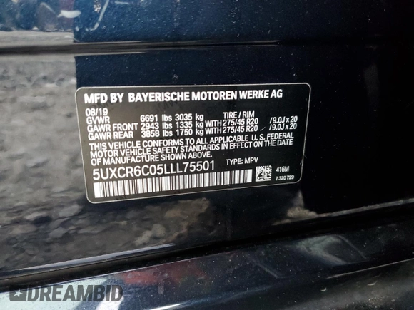 2020 BMW X5 xDrive40i with VIN 5UXCR6C05LLL75501, listed as a Copart auction lot 72288492 with 53,454 mi miles. Bid and sale history available at carsss.com. Image 14.
