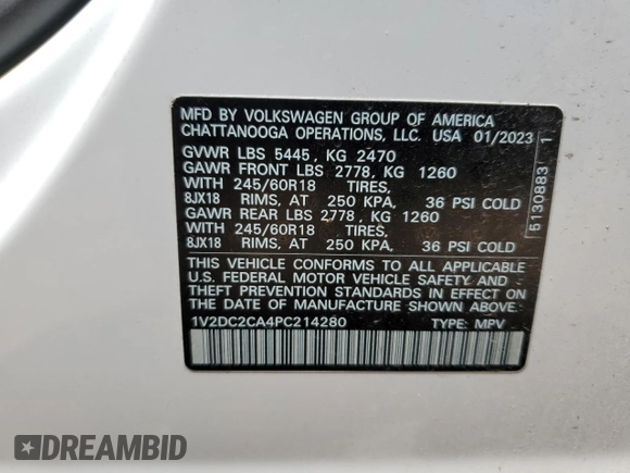 2023 Volkswagen Atlas SE with VIN 1V2DC2CA4PC214280, listed as a Copart auction lot 55832815 with 28,163 mi miles and Salvage title. Bid and sale history available at DreamBid. Image 13.