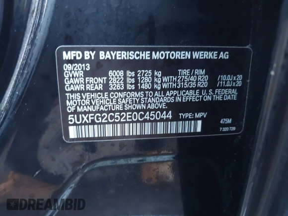 2014 BMW X6 xDrive35i with VIN 5UXFG2C52E0C45044, listed as a IAAI auction lot 41711013 with 120,840 mi miles. Bid and sale history available at carsss.com. Image 9.