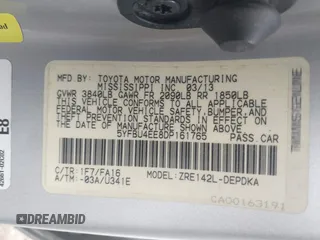 2013 Toyota Corolla L with VIN 5YFBU4EE8DP161765, listed as a IAAI auction lot 42109708 with 105,931 mi miles and . Bid and sale history available at DreamBid. Image 9.