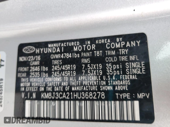 2017 Hyundai Tucson Value with VIN KM8J3CA21HU368278, listed as a Copart auction lot 82591364 with 94,737 mi miles and Salvage Title. Bid and sale history available at carsss.com. Image 14.
