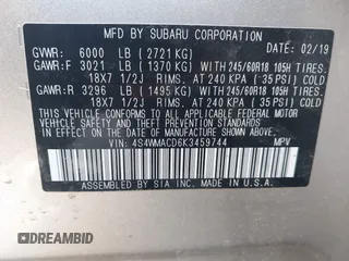 2019 Subaru Ascent Premium with VIN 4S4WMACD6K3459744, listed as a IAAI auction lot 41960104 with 123,401 mi miles and . Bid and sale history available at DreamBid. Image 9.