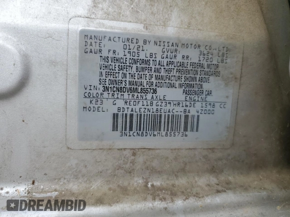 2021 Nissan Versa S with VIN 3N1CN8DV6ML855736, listed as a Copart auction lot 51829195 with 71,503 mi miles and Salvage title. Bid and sale history available at DreamBid. Image 15.