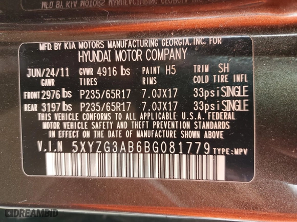 2011 Hyundai Santa Fe GLS with VIN 5XYZG3AB6BG081779, listed as a Copart auction lot 48504415 with 204,908 mi miles and Salvage Title. Bid and sale history available at carsss.com. Image 13.