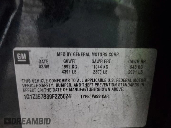 2009 Chevrolet Malibu 2LT with VIN 1G1ZJ57B39F225024, listed as a Copart auction lot 50187425 with 136,849 mi miles and Salvage Title. Bid and sale history available at DreamBid. Image 12.