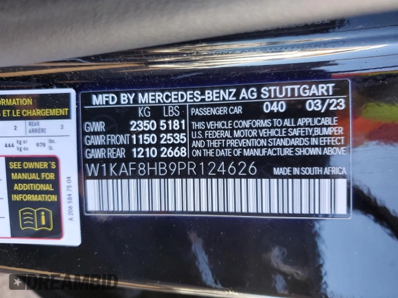2023 Mercedes-Benz C 43 AMG with VIN W1KAF8HB9PR124626, listed as a Copart auction lot 78932704 with 3,295 mi miles and Salvage Title. Bid and sale history available at DreamBid. Image 13.