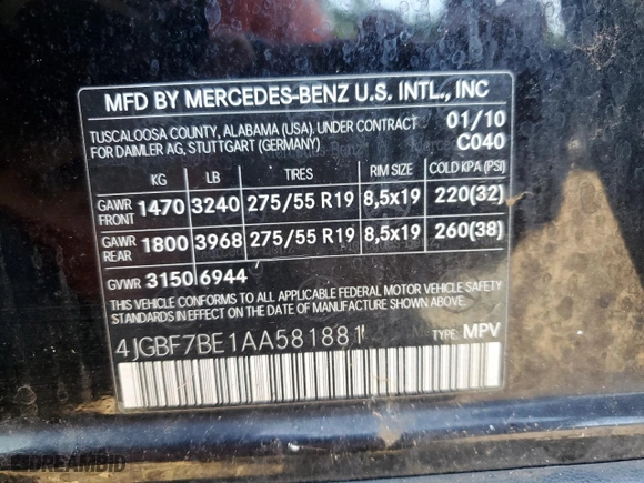 2010 Mercedes-Benz GL-Class GL 450 with VIN 4JGBF7BE1AA581881, listed as a Copart auction lot 44769475 with 111,975 mi miles and Salvage Title. Bid and sale history available at carsss.com. Image 13.