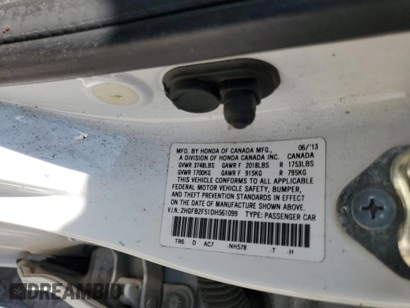 2013 Honda Civic LX with VIN 2HGFB2F51DH561099, listed as a Copart auction lot 51864645 with Not Provided miles and Non Repairable. Bid and sale history available at DreamBid. Image 12.