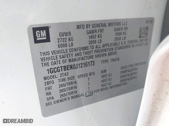 2018 Chevrolet Colorado 4WD Work Truck with VIN 1GCGTBEN0J1216173, listed as a IAAI auction lot 41788805 with 216,820 mi miles. Bid and sale history available at carsss.com. Image 9.