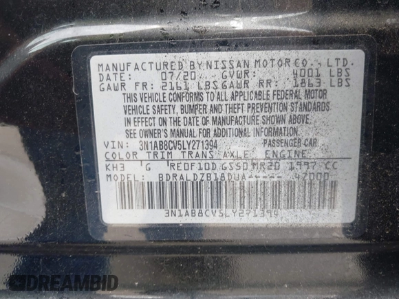 2020 Nissan Sentra SV z VIN 3N1AB8CV5LY271394, wystawiony jako IAAI lot #42319810 z przebiegiem 109 316 mil mil oraz . Historia ofert i sprzedaży dostępna na DreamBid. Obrazek 9.