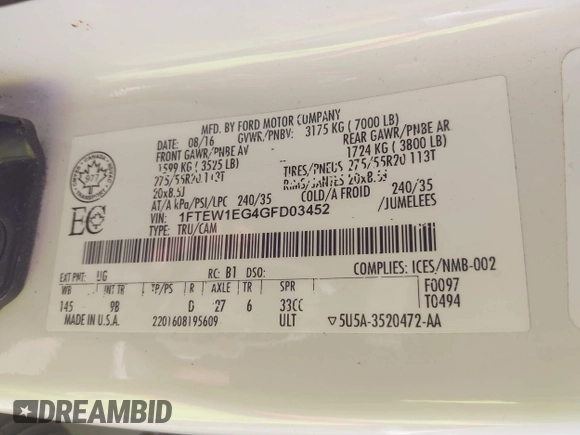 2016 Ford F-150 XLT with VIN 1FTEW1EG4GFD03452, listed as a IAAI auction lot 41844757 with 97,844 mi miles and . Bid and sale history available at DreamBid. Image 9.