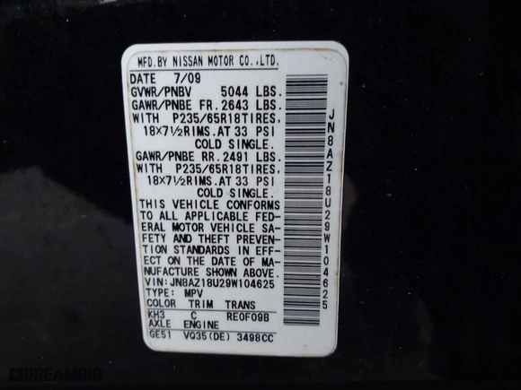 2009 Nissan Murano S with VIN JN8AZ18U29W104625, listed as a IAAI auction lot 41377201 with 217,978 mi miles. Bid and sale history available at carsss.com. Image 9.