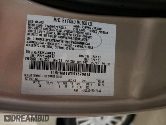 2005 Lincoln Town Car Signature z VIN 1LNHM81W55Y670818, wystawiony jako Copart lot #53279985 z przebiegiem 95 939 mil mil oraz Szkoda całkowita • Salvage title. Historia ofert i sprzedaży dostępna na DreamBid. Obrazek 12.
