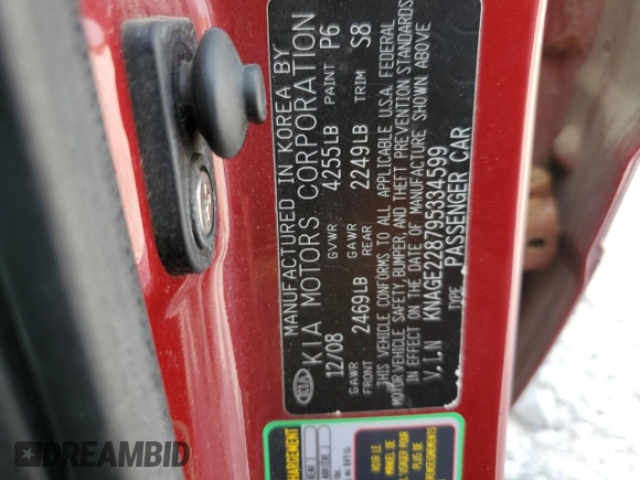 2009 Kia Optima LX z VIN KNAGE228795334599, wystawiony jako Copart lot #59276515 z przebiegiem 180 399 mil mil oraz Szkoda całkowita • Salvage title. Historia ofert i sprzedaży dostępna na DreamBid. Obrazek 13.