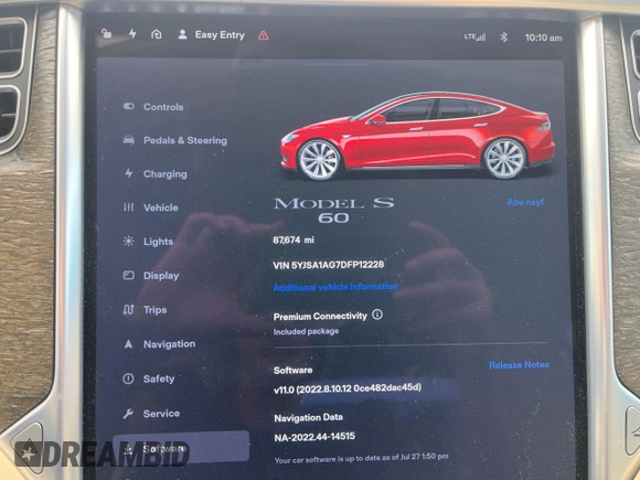 2013 Tesla Model S with VIN 5YJSA1AG7DFP12228, listed as a Copart auction lot 60040665 with 87,674 mi miles and Clean title. Bid and sale history available at DreamBid. Image 9.