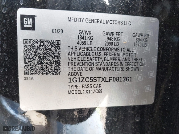 2020 Chevrolet Malibu LS with VIN 1G1ZC5STXLF081361, listed as a IAAI auction lot 41903993 with 120,084 mi miles. Bid and sale history available at carsss.com. Image 9.