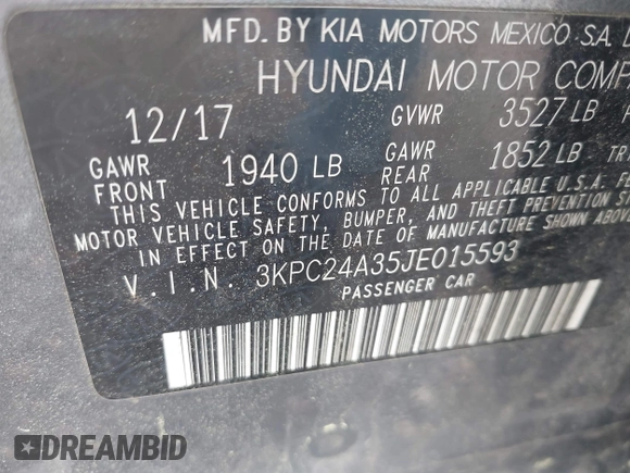 2018 Hyundai Accent SE with VIN 3KPC24A35JE015593, listed as a IAAI auction lot 41973931 with 119,135 mi miles and . Bid and sale history available at carsss.com. Image 9.
