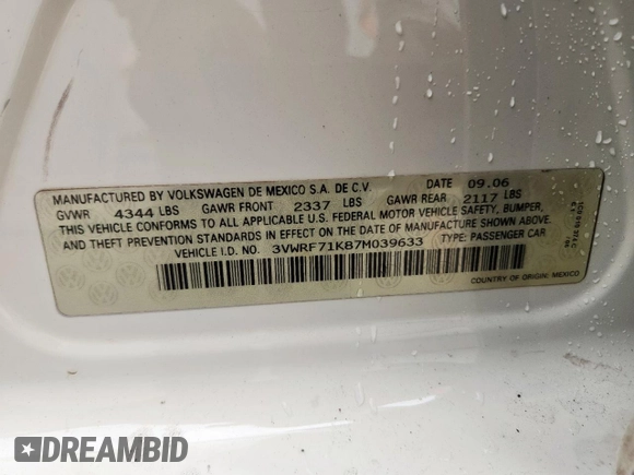 2007 Volkswagen Jetta 2.5 с VIN 3VWRF71K87M039633, выставлен на аукционе Copart как лот 58851405 с пробегом 212 952 миль миль и Чистый • Clean title. История ставок и продаж доступна на DreamBid. Изображение 12.