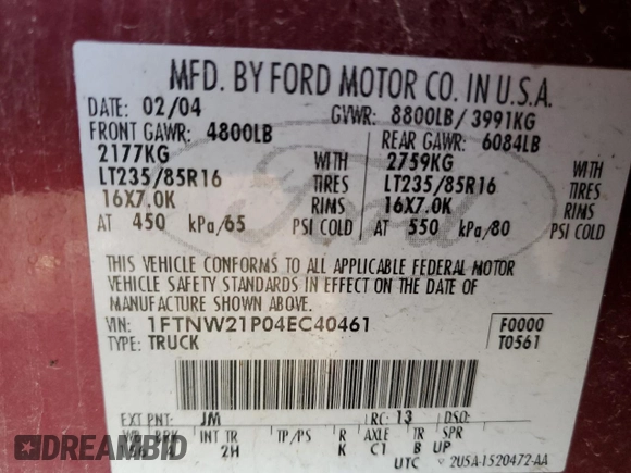 2004 Ford F-250 XL with VIN 1FTNW21P04EC40461, listed as a Copart auction lot 51455135 with 218,925 mi miles and Salvage title. Bid and sale history available at DreamBid. Image 12.
