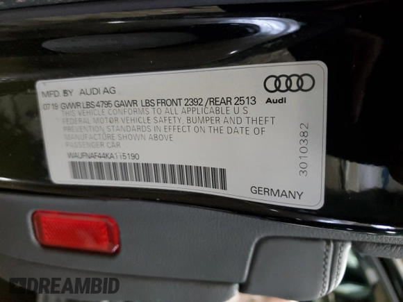 2019 Audi A4 Prestige with VIN WAUFNAF44KA115190, listed as a Copart auction lot 53362945 with 0 mi miles and Salvage Title. Bid and sale history available at carsss.com. Image 12.