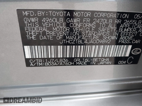 2018 Lexus GS 350 with VIN JTHCZ1BL4JA009892, listed as a IAAI auction lot 42582284 with 53,941 mi miles and . Bid and sale history available at DreamBid. Image 9.