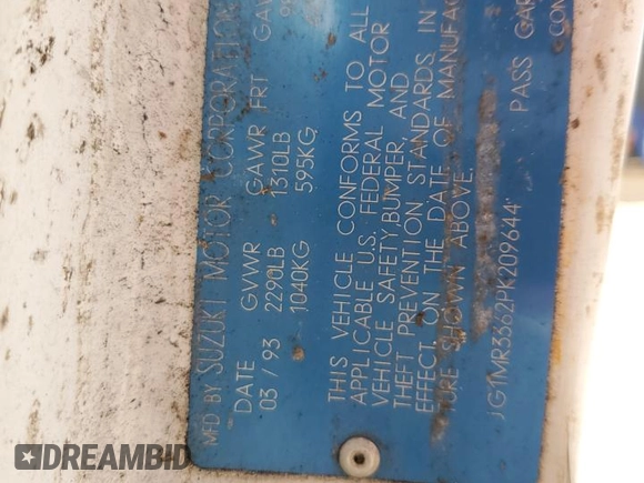1993 Geo Metro z VIN JG1MR3362PK209644, wystawiony jako Copart lot #58749655 z przebiegiem 149 163 mil mil oraz Szkoda całkowita • Salvage title. Historia ofert i sprzedaży dostępna na DreamBid. Obrazek 13.