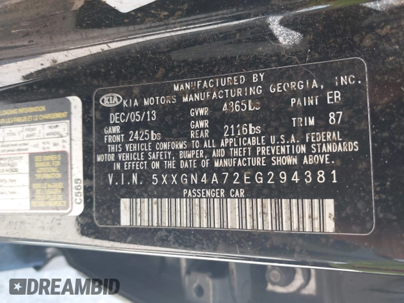 2014 Kia Optima EX with VIN 5XXGN4A72EG294381, listed as a IAAI auction lot 41944473 with 119,781 mi miles and . Bid and sale history available at carsss.com. Image 9.