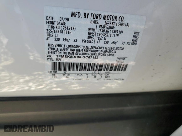 2020 Ford Explorer XLT with VIN 1FMSK8DH6LGC67152, listed as a Copart auction lot 41470355 with 35,200 mi miles and Salvage Title. Bid and sale history available at carsss.com. Image 13.