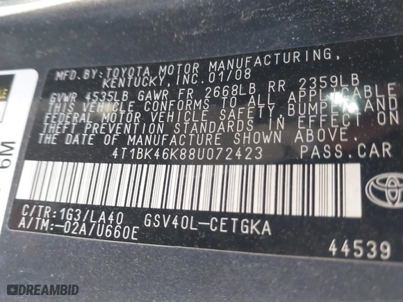 2008 Toyota Camry LE with VIN 4T1BK46K88U072423, listed as a IAAI auction lot 41820513 with 165,122 mi miles. Bid and sale history available at carsss.com. Image 9.