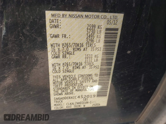 2012 Nissan Frontier SV with VIN 1N6AD0ERXCC452019, listed as a IAAI auction lot 42082022 with Not provided miles and . Bid and sale history available at DreamBid. Image 9.