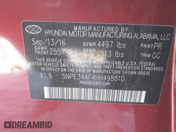 2017 Hyundai Sonata Sport with VIN 5NPE34AF4HH498810, listed as a IAAI auction lot 41374313 with 82,021 mi miles and . Bid and sale history available at DreamBid. Image 9.