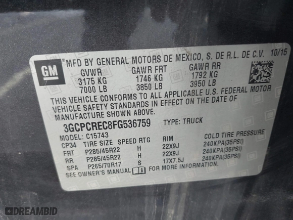 2015 Chevrolet Silverado 1500 LT with VIN 3GCPCREC8FG536759, listed as a IAAI auction lot 41750426 with 1 mi miles. Bid and sale history available at carsss.com. Image 9.
