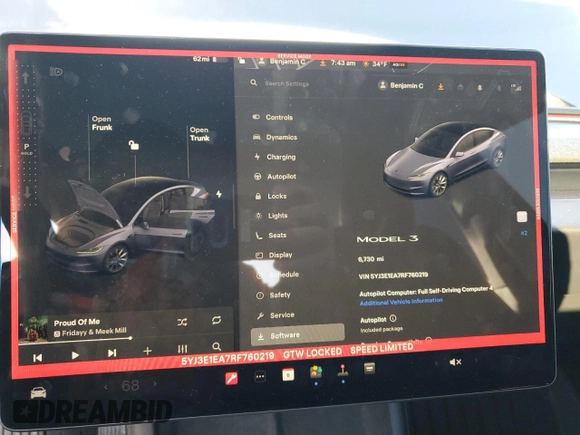 2024 Tesla Model 3 z VIN 5YJ3E1EA7RF760219, wystawiony jako Copart lot #52173225 z przebiegiem 6 730 mil mil oraz Szkoda całkowita • Salvage title. Historia ofert i sprzedaży dostępna na DreamBid. Obrazek 9.
