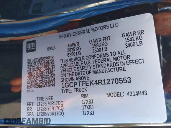 2024 Chevrolet Colorado 4WD ZR2 with VIN 1GCPTFEK4R1270553, listed as a IAAI auction lot 42208616 with 3,700 mi miles and . Bid and sale history available at DreamBid. Image 9.