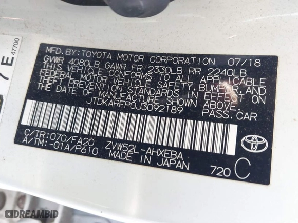 2018 Toyota Prius Prime Plus with VIN JTDKARFP0J3092189, listed as a IAAI auction lot 41614683 with 85,012 mi miles. Bid and sale history available at carsss.com. Image 9.