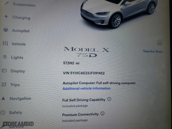 2018 Tesla Model X 75D with VIN 5YJXCAE23JF091452, listed as a Copart auction lot 43819833 with 57,592 mi miles. Bid and sale history available at carsss.com. Image 9.