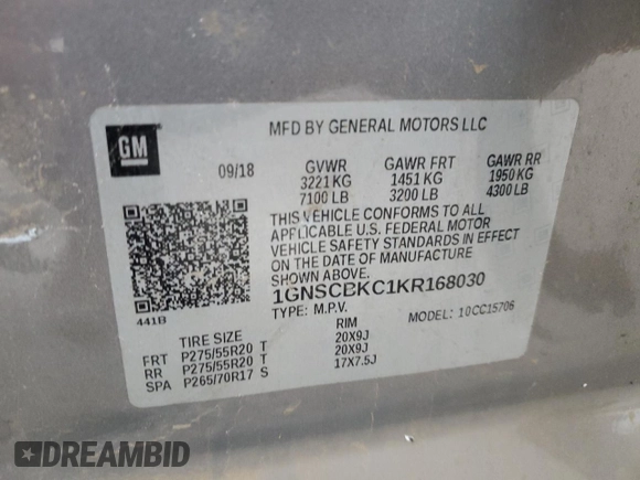2019 Chevrolet Tahoe LT z VIN 1GNSCBKC1KR168030, wystawiony jako Copart lot #51435865 z przebiegiem 122 558 mil mil oraz Szkoda całkowita • Salvage title. Historia ofert i sprzedaży dostępna na DreamBid. Obrazek 13.